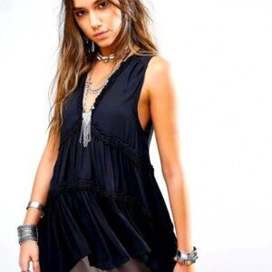Free People Purple Haze Black Tunic Top Tiered Boho Babydoll Hi Low Small